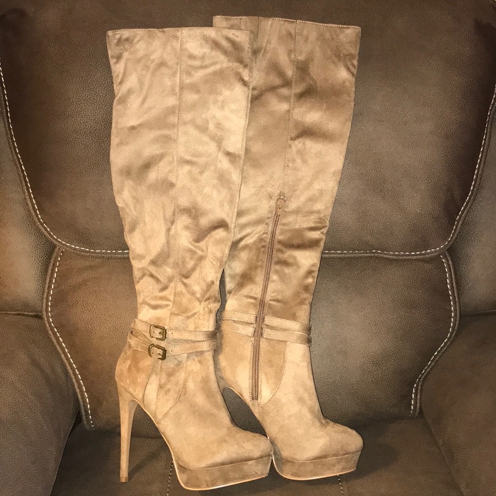 Taupe Faux Suede Over The Knee Platform Heel Boots